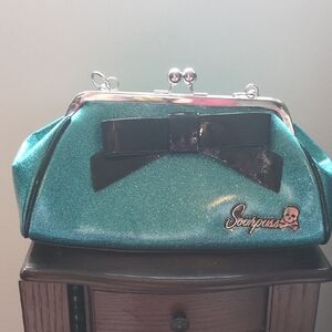 Sourpuss Sparkling Teal Clutch with Black Bow